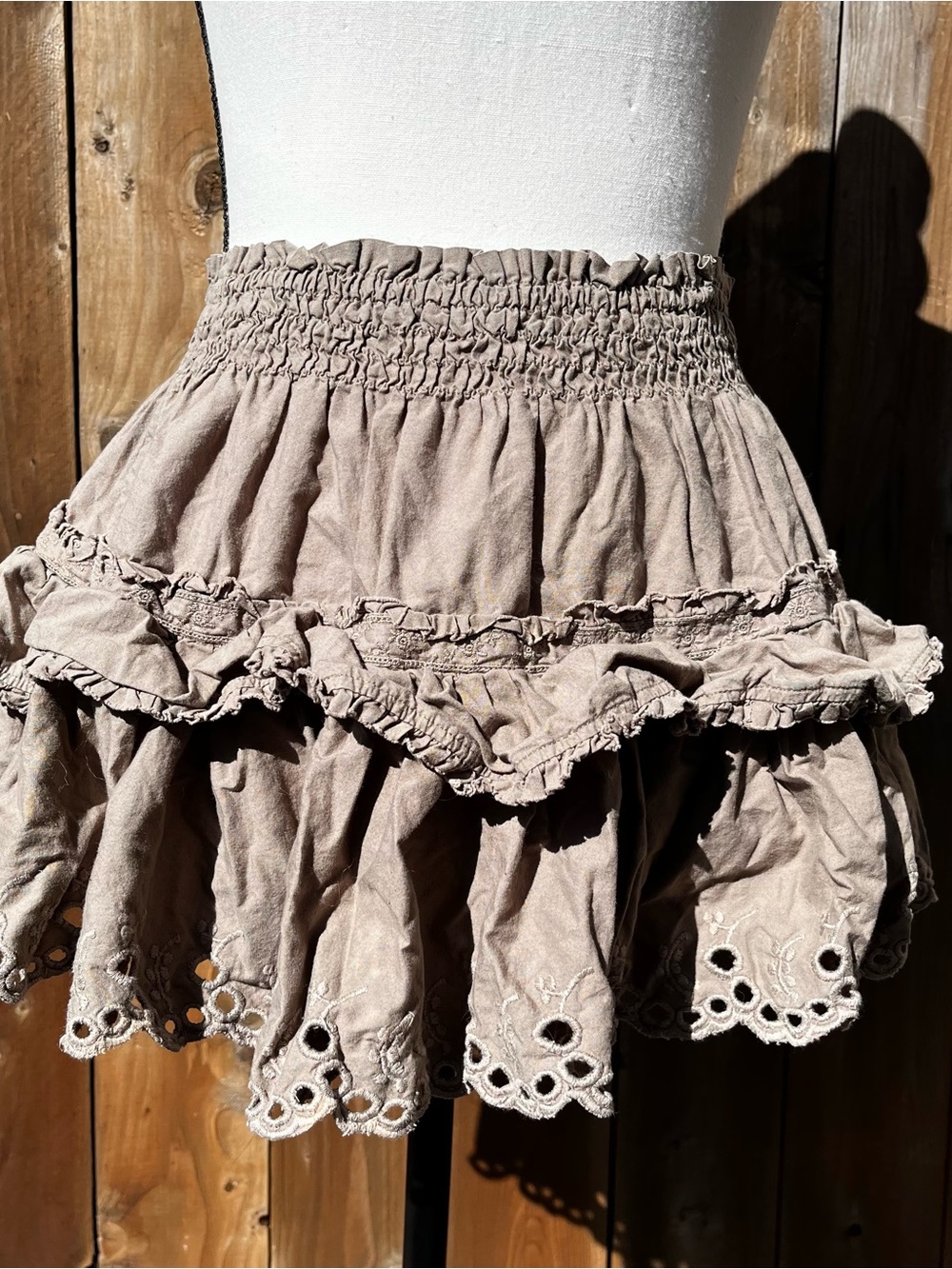 Boho Fall style Ruffled Eyelet Mini Skirt in Olive Green Taupe Accepting Offers